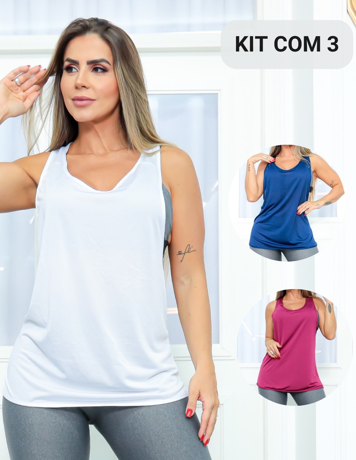 Kit com 3 Camisetas Feminina em Dry Fit Cavada para Academia