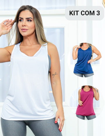 Kit com 3 Camisetas Feminina em Dry Fit Cavada para Academia