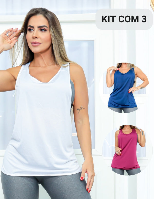 Kit com 3 Camisetas Feminina em Dry Fit Cavada para Academia