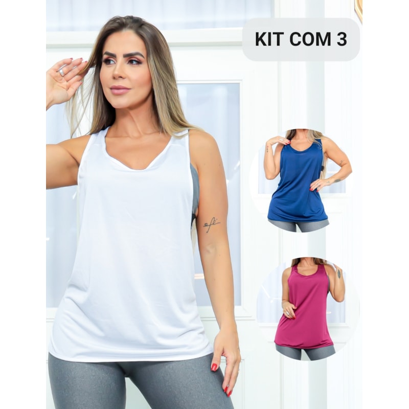 Kit com 3 Camisetas Feminina em Dry Fit Cavada para Academia