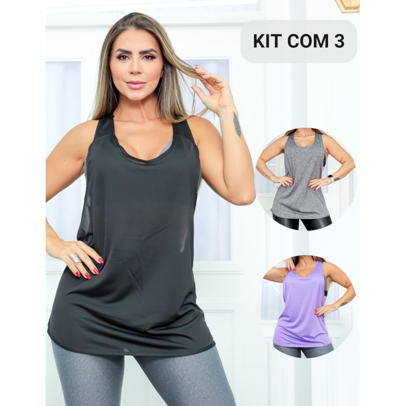 Kit com 3 Camisetas Fitness Feminina em Dry Fit Furadinha Seca Rápido