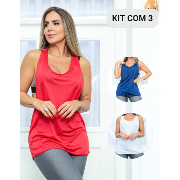 Kit com 3 Camisetas Regata Feminina Performance Fitness em Dry Fit