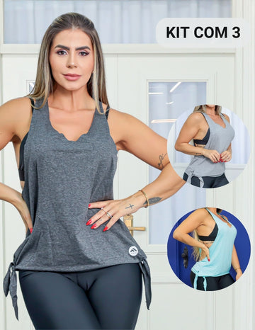KIT com 3 Regatas Feminina Para Academia ou Dia a Dia Com Amarração Lateral