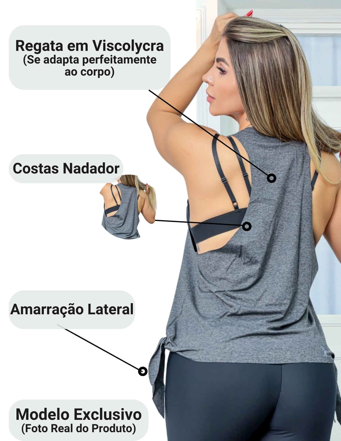 KIT com 3 Regatas Feminina Para Academia ou Dia a Dia Com Amarração Lateral