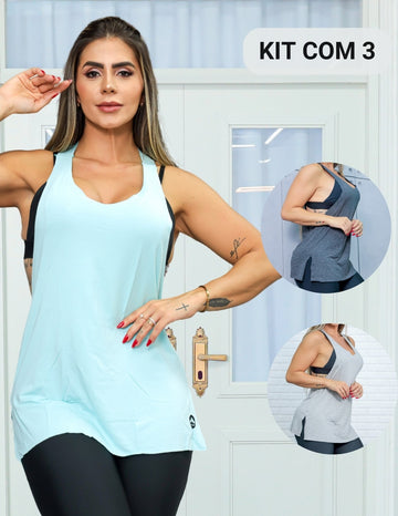 KIT com 3 Regatas Longline Feminina Toque de Elegância e Recortes Laterais