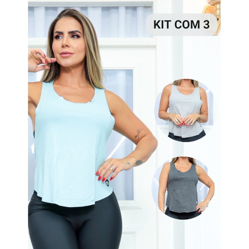 Kit com 3 Regatas Esportivas Feminina com Abertura nas Costas