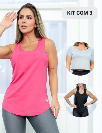 Kit com 3 Modelos em Viscolycra de Blusas Feminina Cropped Regata Camiseta Fitness