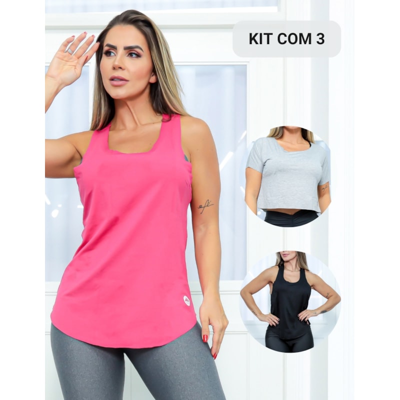 Kit com 3 Modelos em Viscolycra de Blusas Feminina Cropped Regata Camiseta Fitness