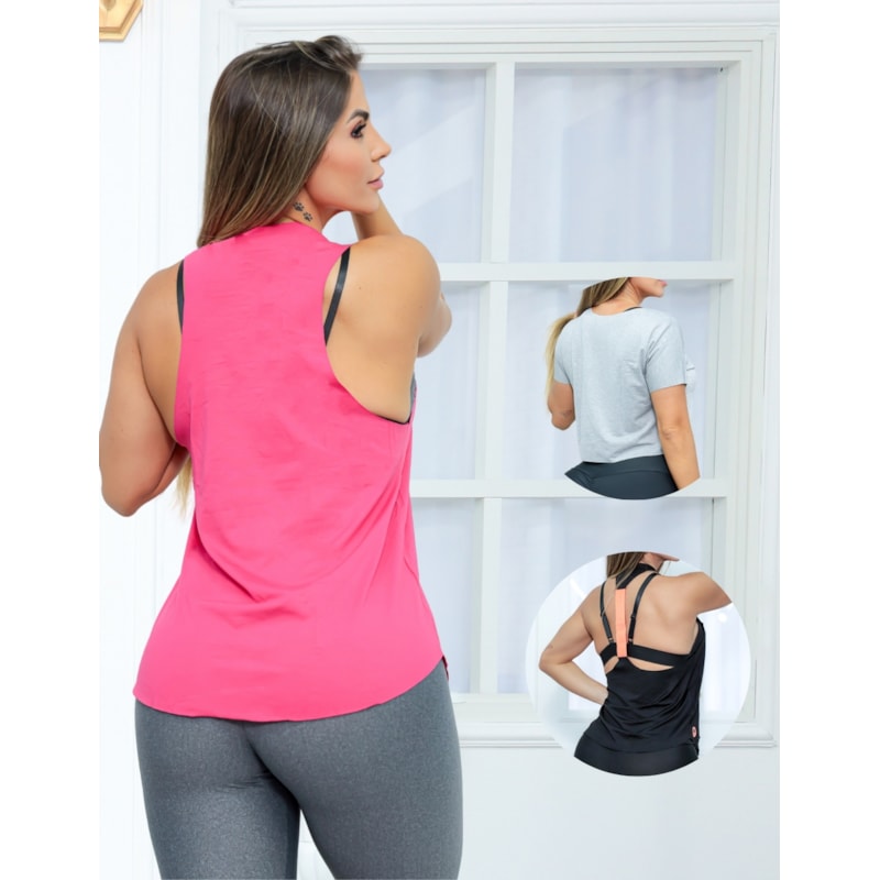 Kit com 3 Modelos em Viscolycra de Blusas Feminina Cropped Regata Camiseta Fitness