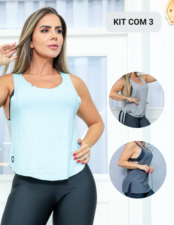 Kit com 3 Modelos de Blusas Feminina Cropped Regata Camiseta Fitness em Viscolycra