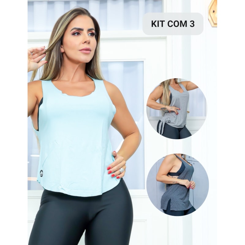 Kit com 3 Modelos de Blusas Feminina Cropped Regata Camiseta Fitness em Viscolycra
