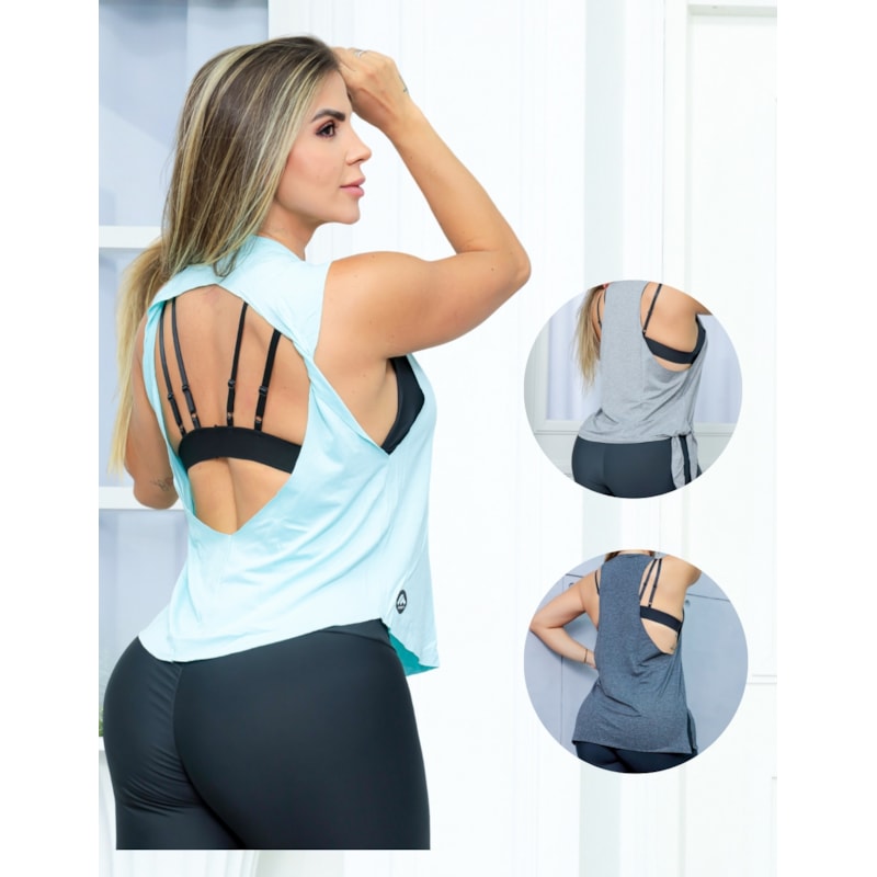 Kit com 3 Modelos de Blusas Feminina Cropped Regata Camiseta Fitness em Viscolycra