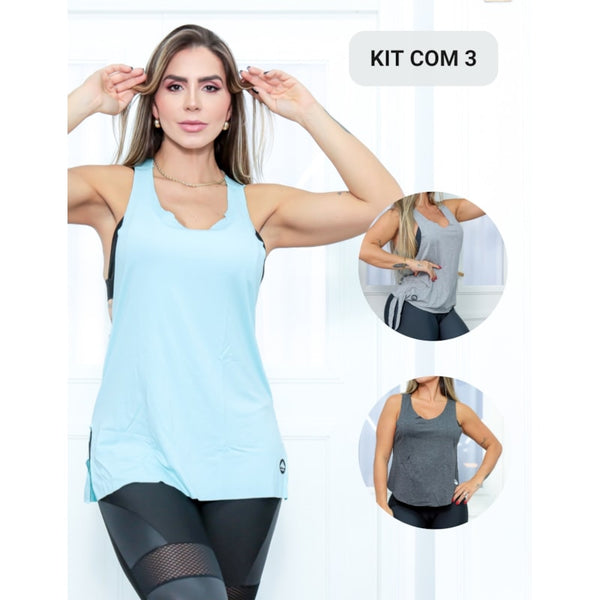 Kit com 3 Modelos de Camisetas Regata Feminina em Viscolycra para Academia