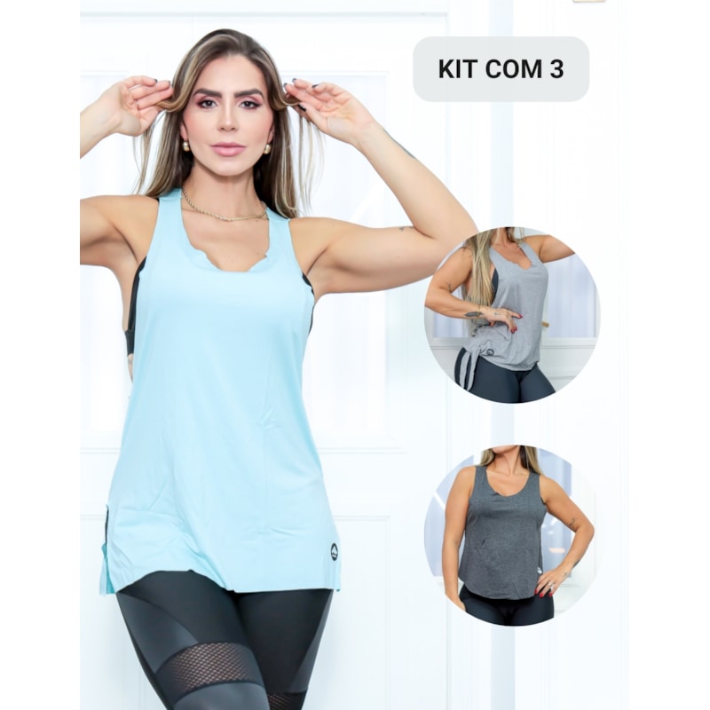 Kit com 3 Modelos de Camisetas Regata Feminina em Viscolycra para Academia