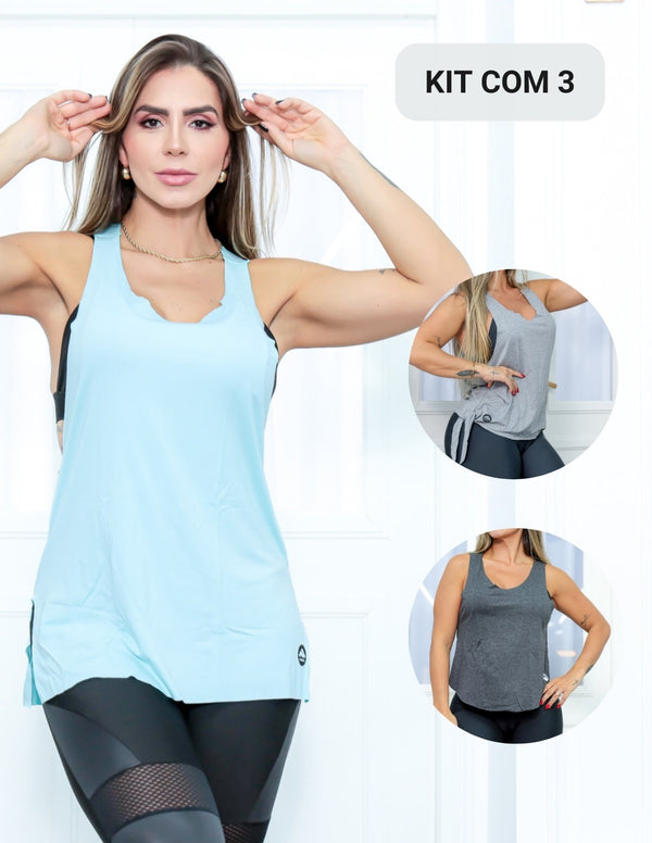 Kit com 3 Modelos de Camisetas Regata Feminina em Viscolycra para Academia