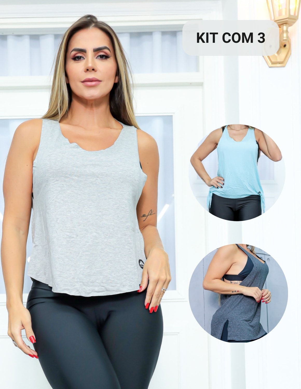 Kit com 3 Modelos de Regata em Viscolycra Feminina para Academia ou Dia a Dia