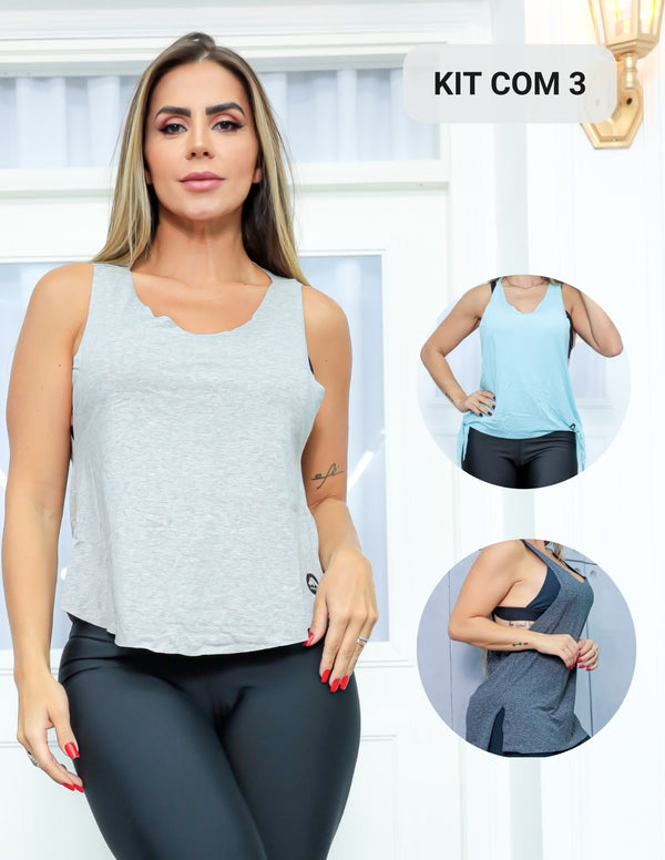 Kit com 3 Modelos de Regata em Viscolycra Feminina para Academia ou Dia a Dia