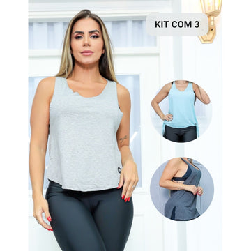 Kit com 3 Modelos de Regata em Viscolycra Feminina para Academia ou Dia a Dia