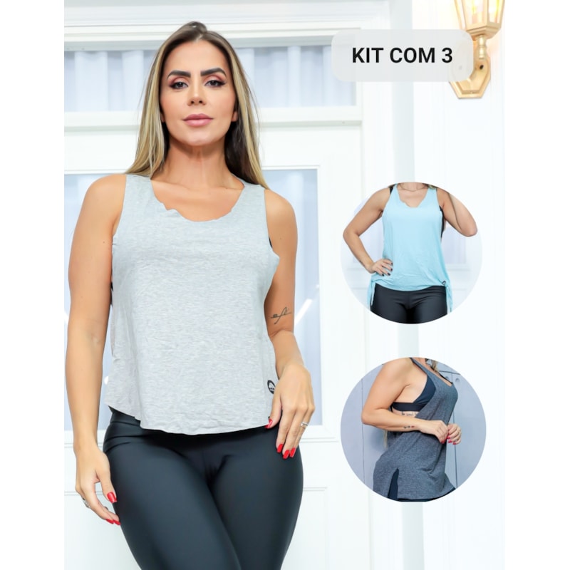 Kit com 3 Modelos de Regata em Viscolycra Feminina para Academia ou Dia a Dia