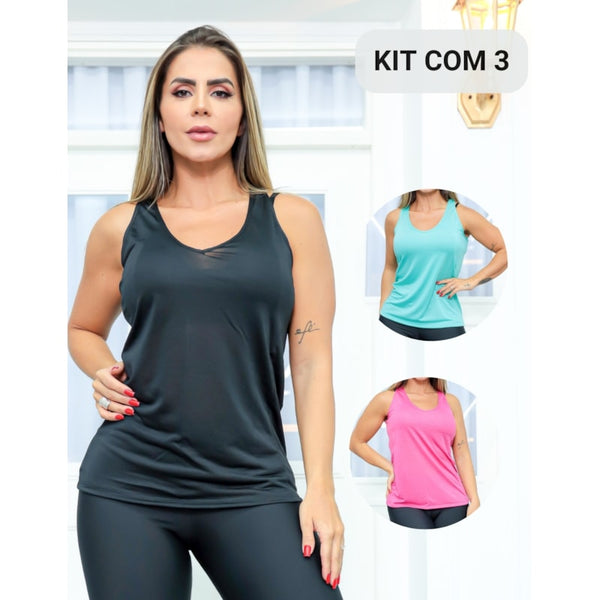 Kit com 3 Camisetas Regata Feminina para Academia em Dry Fit