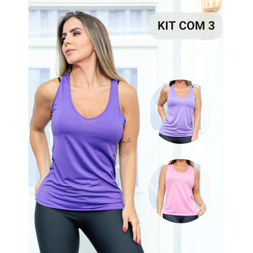 Kit com 3 Regatas Feminina para Academia em Dry Fit Seca Rápido