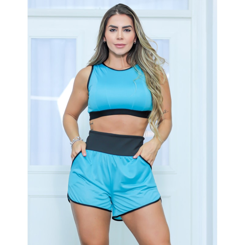 Conjunto Dry Fit Fitness Running Short com Bolsos e Cropped sem Bojo