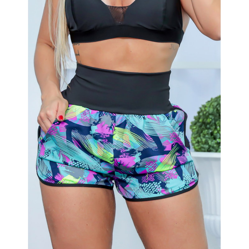 Short Feminino Esportivo em Suplex Estampado Detalhe Lateral e Bolsos