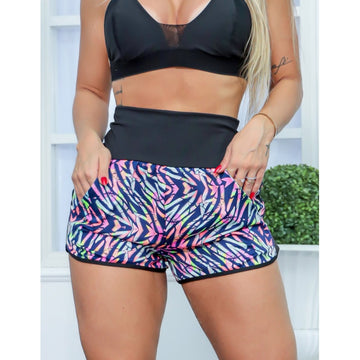 Short Fitness Feminino Estampado Treino Corrida Academia Cós Alto e Bolso