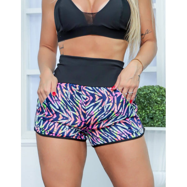 Short Fitness Feminino Estampado Treino Corrida Academia Cós Alto e Bolso