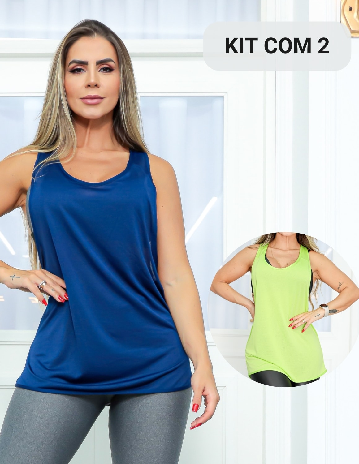 Kit com 2 Regatas Feminina Performance Fitness em Dry Fit para Academia
