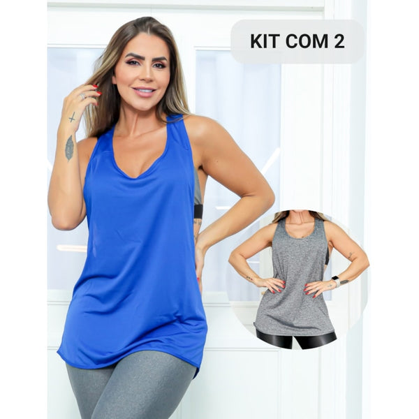 Kit com 2 Camisetas Fitness Feminina em Dry Fit Cavada