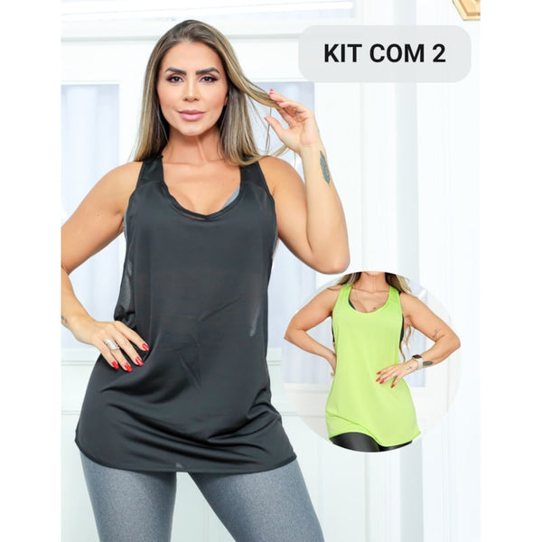 Kit com 2 Camisetas Feminina Regata Esportiva em Dyr Fit Cavada