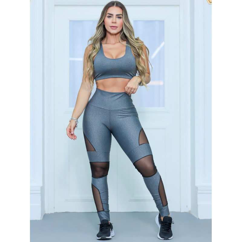 Conjunto Esportivo Feminino com Top Academia e Calça Legging Com Tule