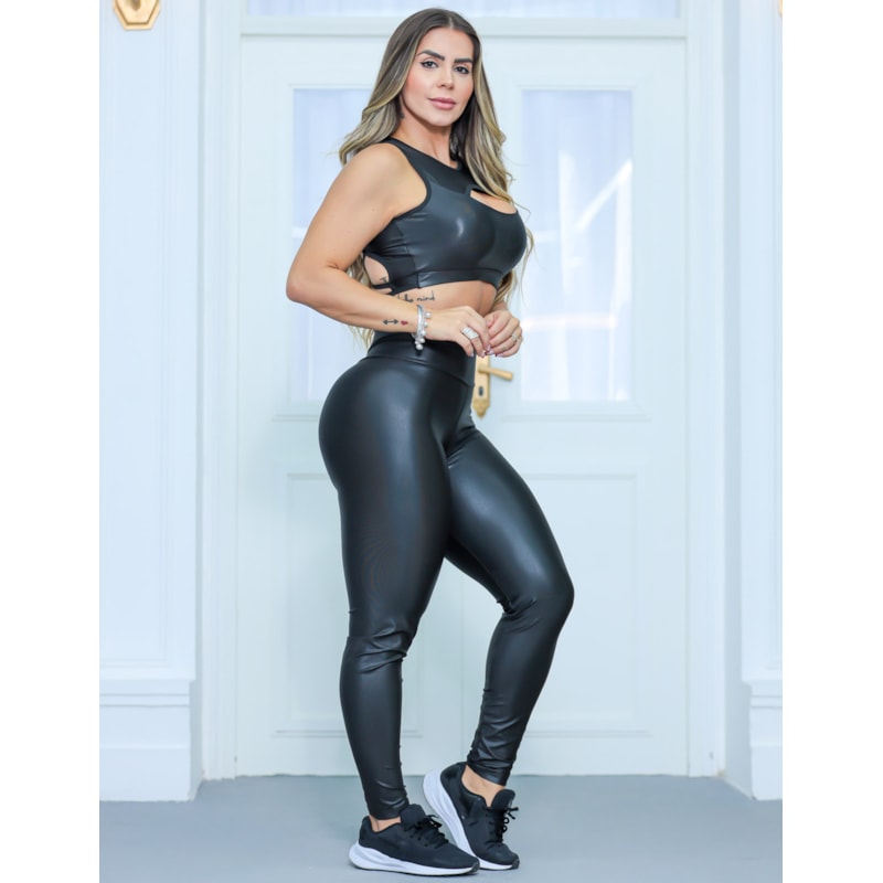 Conjunto Feminino Fitness em Cirrê com Calça Cintura Alta e Cropped com Bojo