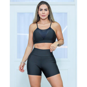 Conjunto Esportivo Feminino Short com Tela nas Laterais e Top com Bojo Removível