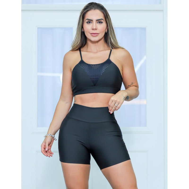 Conjunto Esportivo Feminino Short com Tela nas Laterais e Top com Bojo Removível