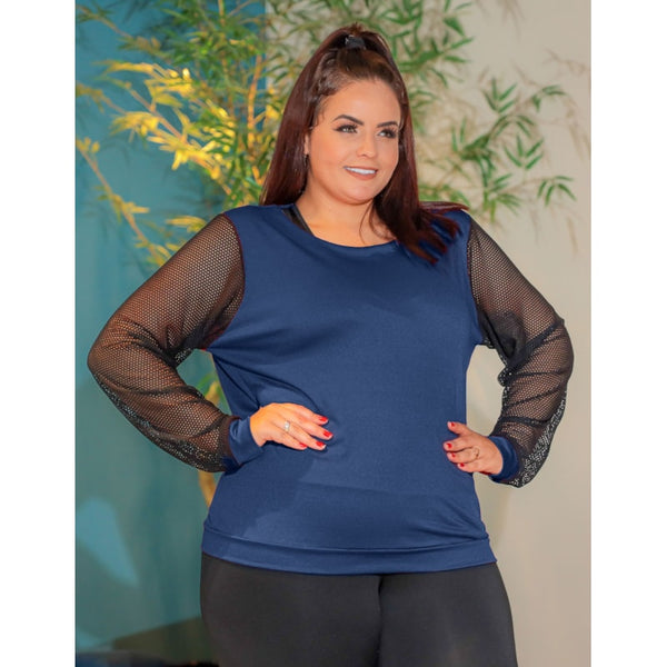 Blusa Feminina em Crepe de Alfaiataria Manga Longa em Tela Plus Size
