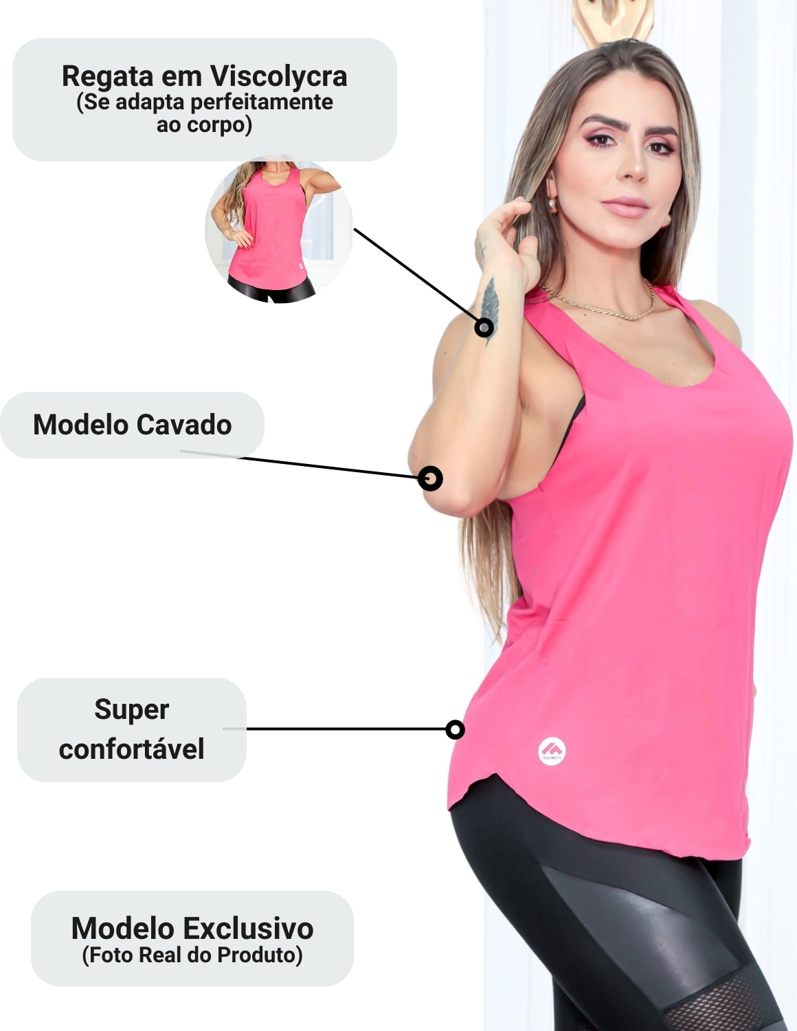 Kit com 3 Blusas Regata Feminina Cavada Fitmoda com Estampa Evolution