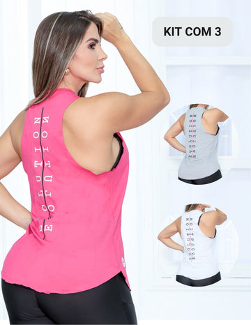 Kit com 3 Blusas Regata Feminina Cavada Fitmoda com Estampa Evolution