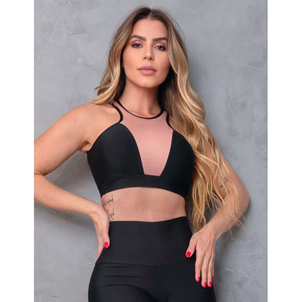 Top Fitness Feminino sem Bojo e com Recortes em Tela e Cirrê