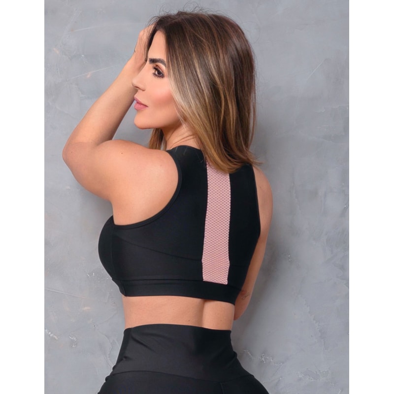 Top Fitness Feminino sem Bojo e com Recortes em Tela e Cirrê