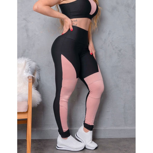 Calça Legging Feminina de Academia Punho com Recortes Coloridos em Cirrê e Tela