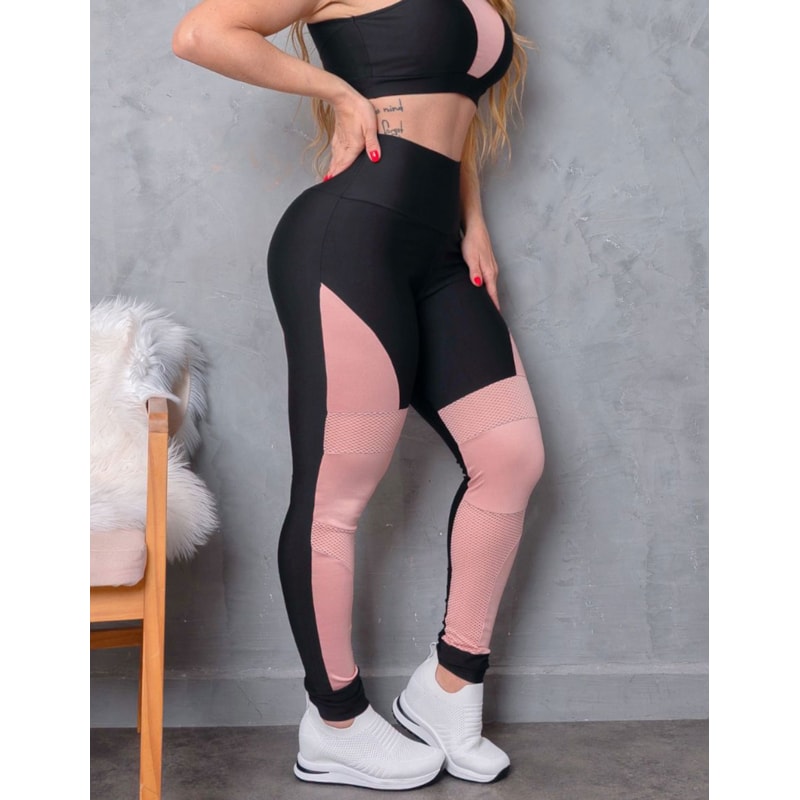 Calça Legging Feminina de Academia Punho com Recortes Coloridos em Cirrê e Tela