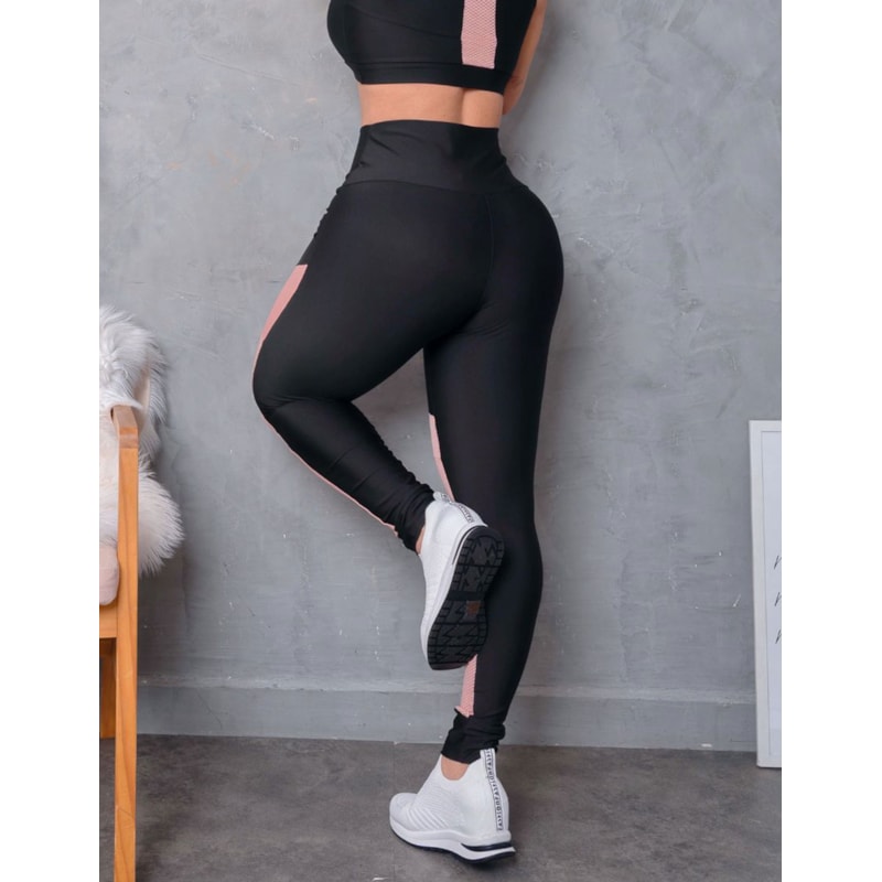 Calça Legging Feminina de Academia Punho com Recortes Coloridos em Cirrê e Tela