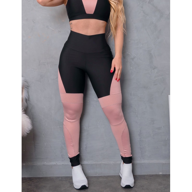 Calça Legging Feminina de Academia Punho com Recortes Coloridos em Cirrê e Tela