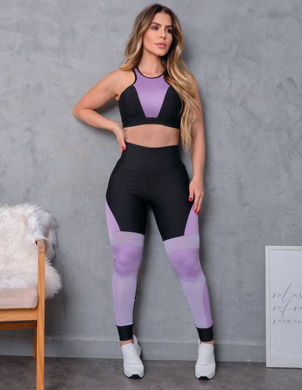 Conjunto Fitness Top e Legging com Recortes em Tela e Cirrê Para Academia