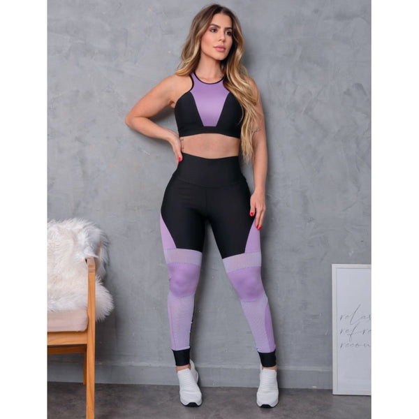 Conjunto Fitness Top e Legging com Recortes em Tela e Cirrê Para Academia