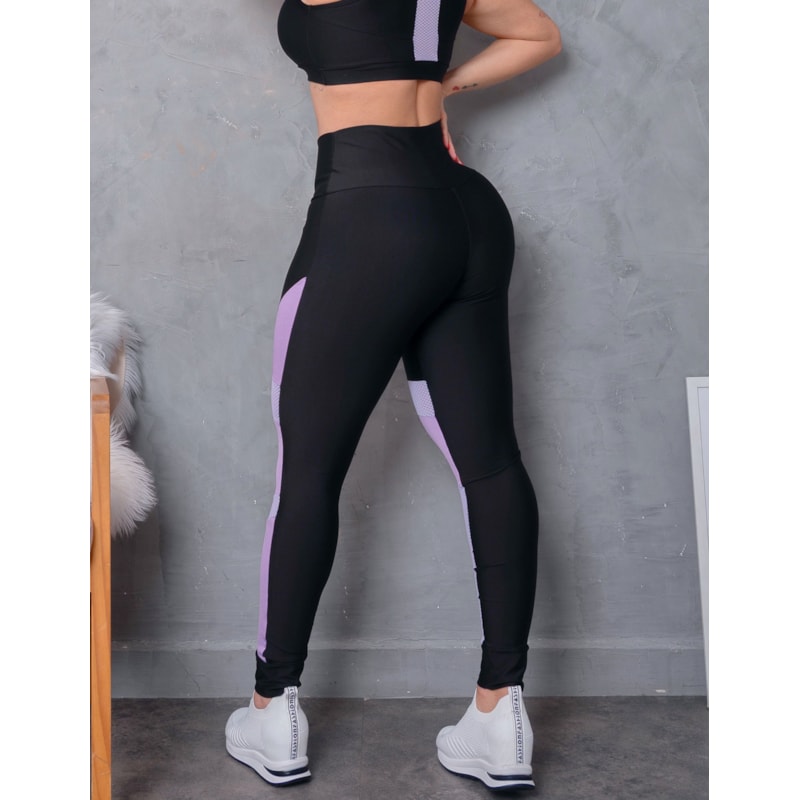 Calça Feminina Legging de Academia Punho com Recortes em Tela e Cirrê