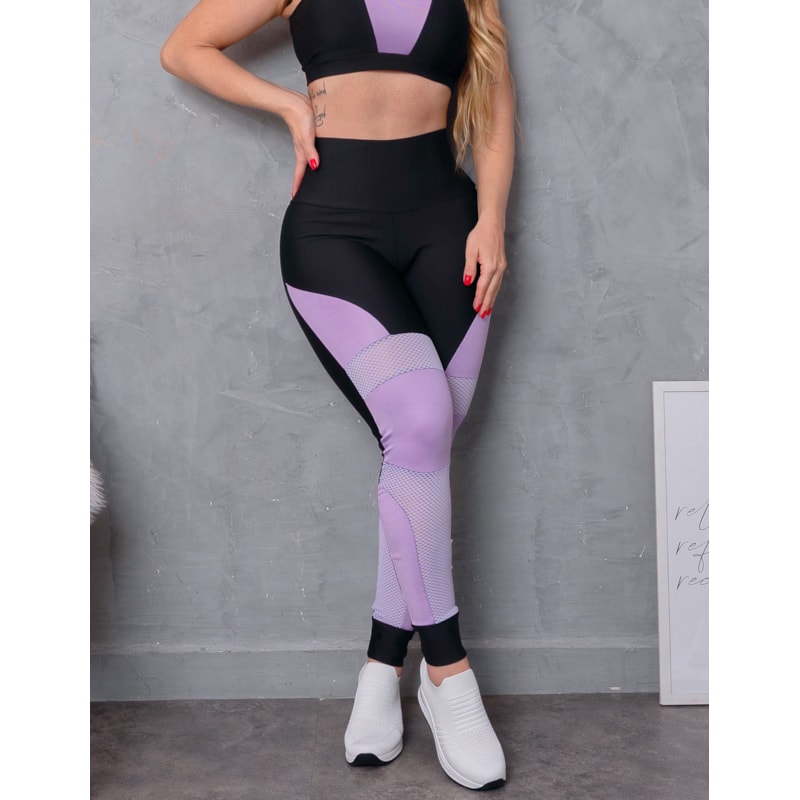 Calça Feminina Legging de Academia Punho com Recortes em Tela e Cirrê