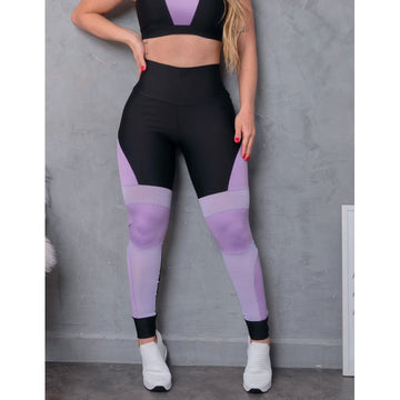 Calça Feminina Legging de Academia Punho com Recortes em Tela e Cirrê